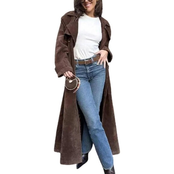 Jackets & Blazers - Womens Faux Suede Long Trench Coat Notched Lapel Double Breasted Pea Coat Overco